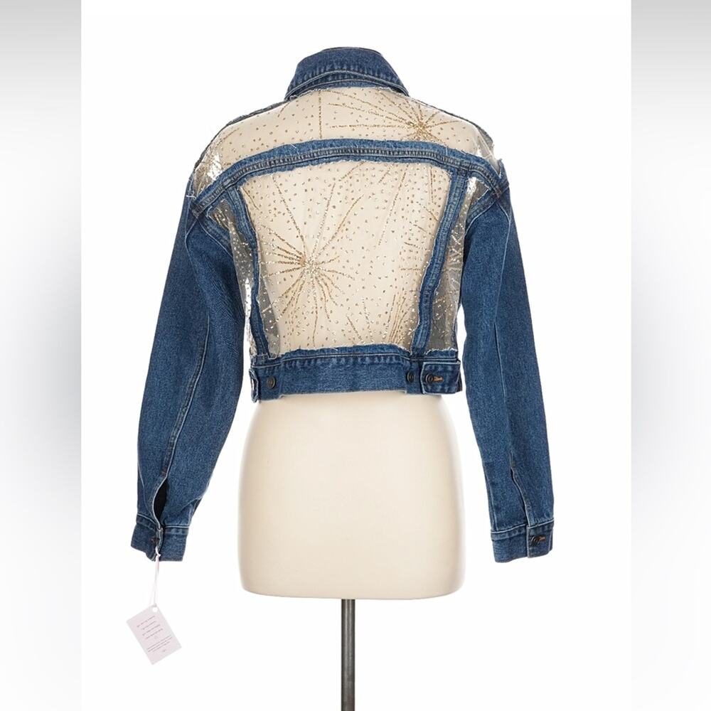 Denim and Sunshine Boho cropped sheer glitter denim Jacket, L - Picture 3 of 10
